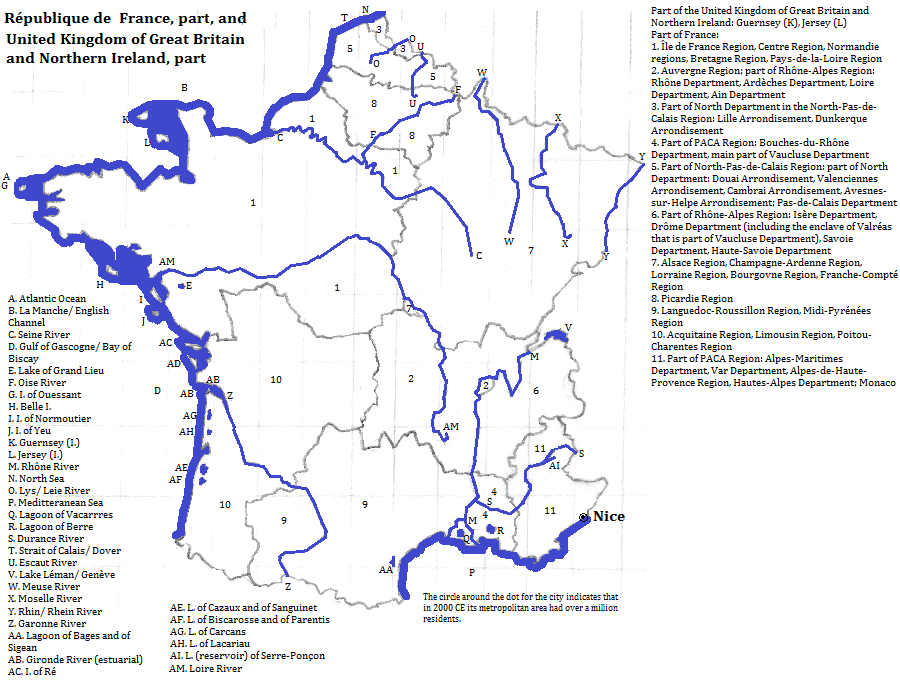 map showing part of the République de France, and part of the United Kingdom of Great Britain and Northern Ireland, 2000 CE